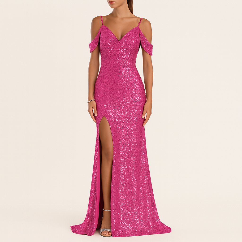 Damen Pailletten Off-Shoulder V-Ausschnitt Abendkleid, Full-Length