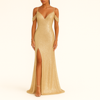 Damen Pailletten Off-Shoulder V-Ausschnitt Abendkleid, Full-Length