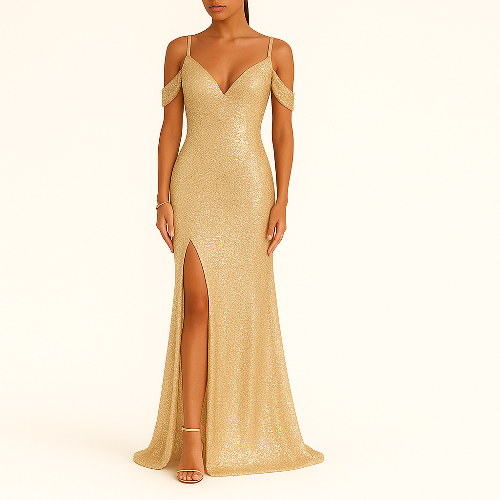 Damen Pailletten Off-Shoulder V-Ausschnitt Abendkleid, Full-Length