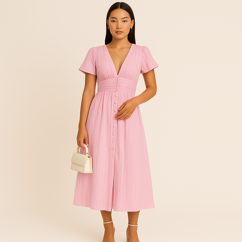 Damen Kariertes V-Ausschnitt Maxi-Kleid mit Puffärmeln für den Sommer