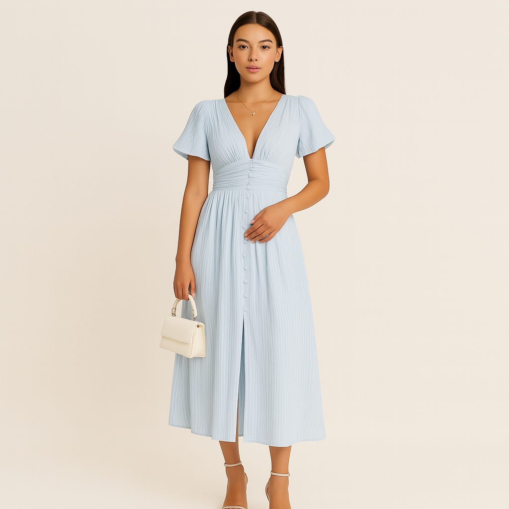 Damen Kariertes V-Ausschnitt Maxi-Kleid mit Puffärmeln für den Sommer