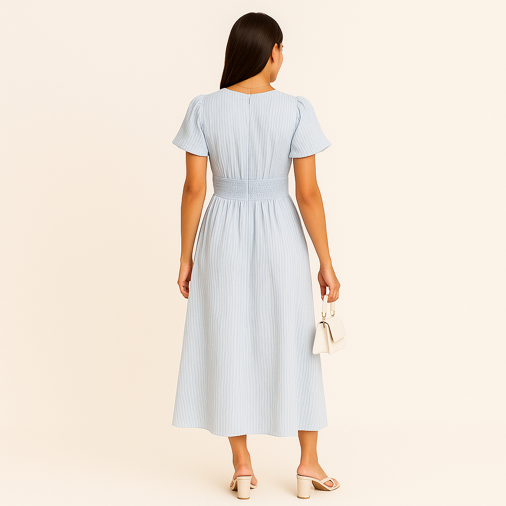 Damen Kariertes V-Ausschnitt Maxi-Kleid mit Puffärmeln für den Sommer