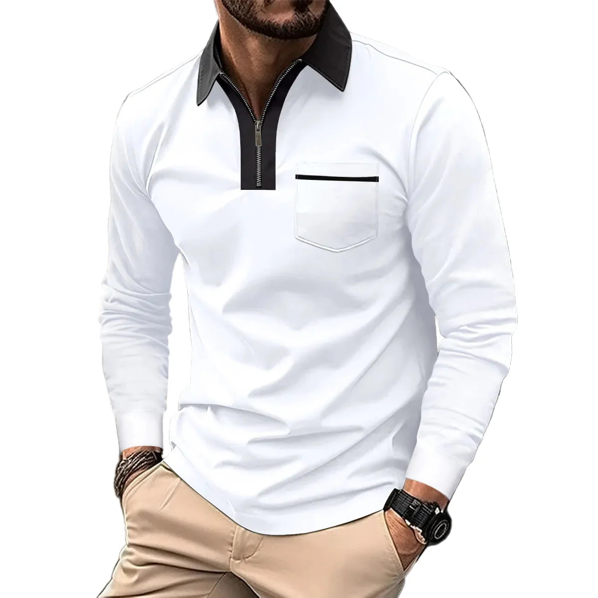 Herren Langarm-Polo mit Reißverschlusskragen – Smart-Casual