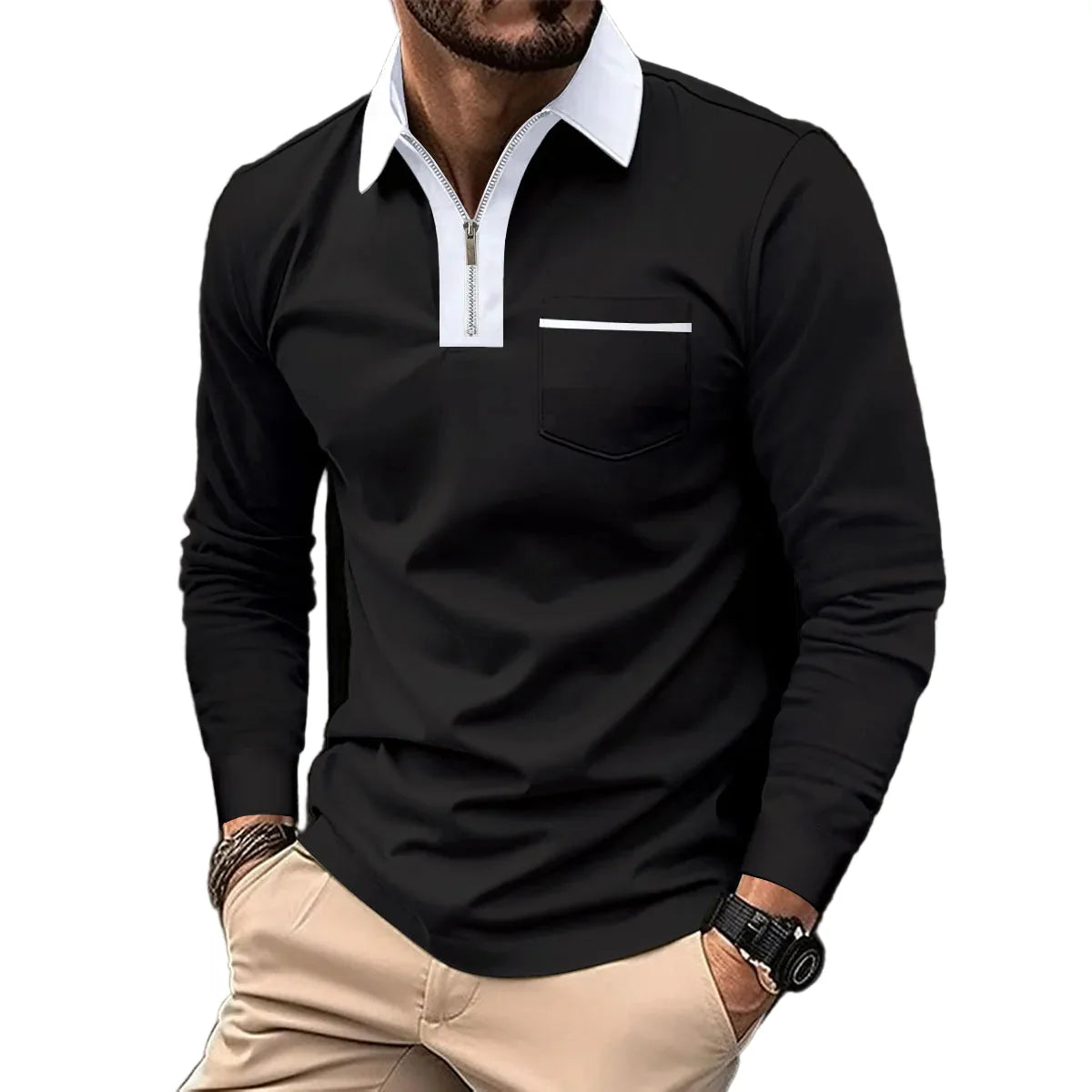 Herren Langarm-Polo mit Reißverschlusskragen – Smart-Casual