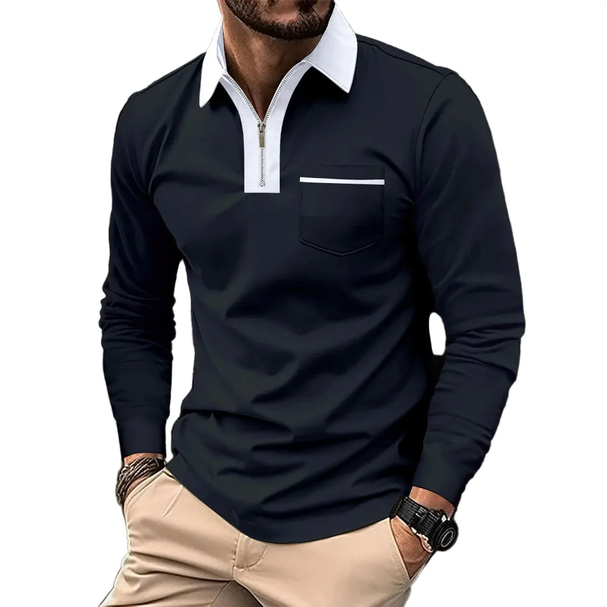Herren Langarm-Polo mit Reißverschlusskragen – Smart-Casual