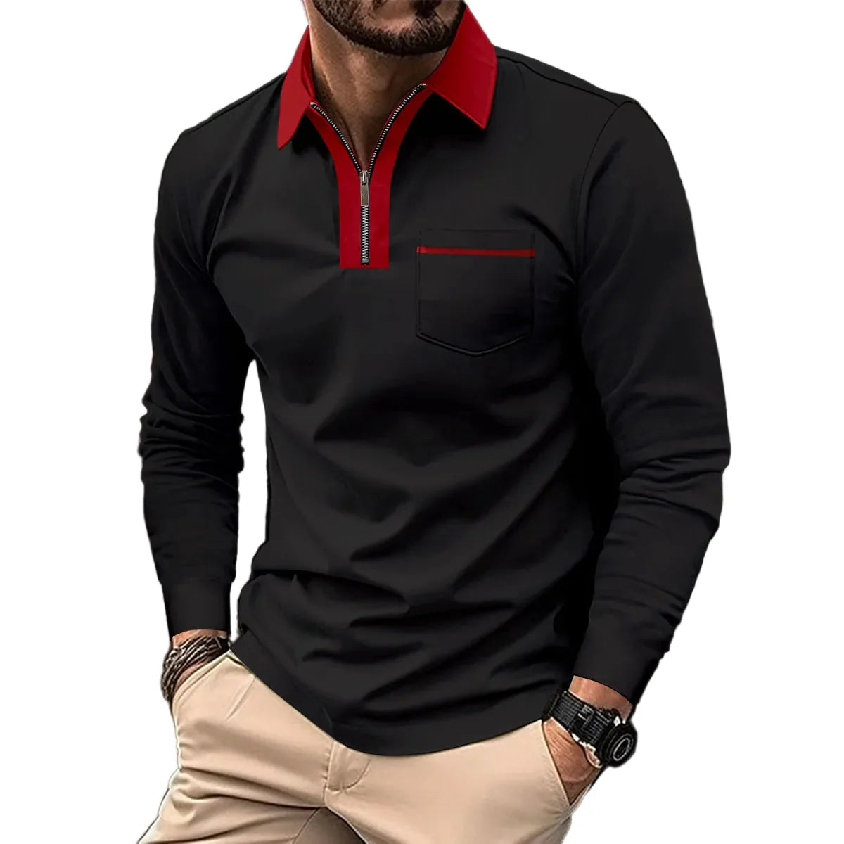 Herren Langarm-Polo mit Reißverschlusskragen – Smart-Casual