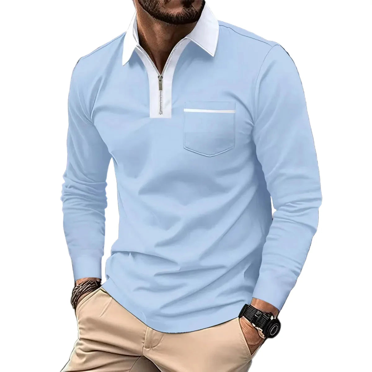 Herren Langarm-Polo mit Reißverschlusskragen – Smart-Casual