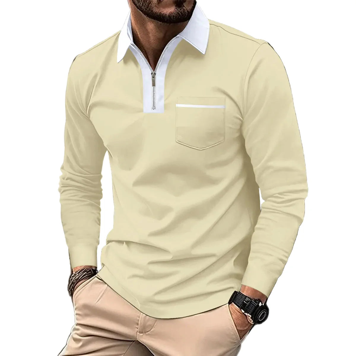 Herren Langarm-Polo mit Reißverschlusskragen – Smart-Casual