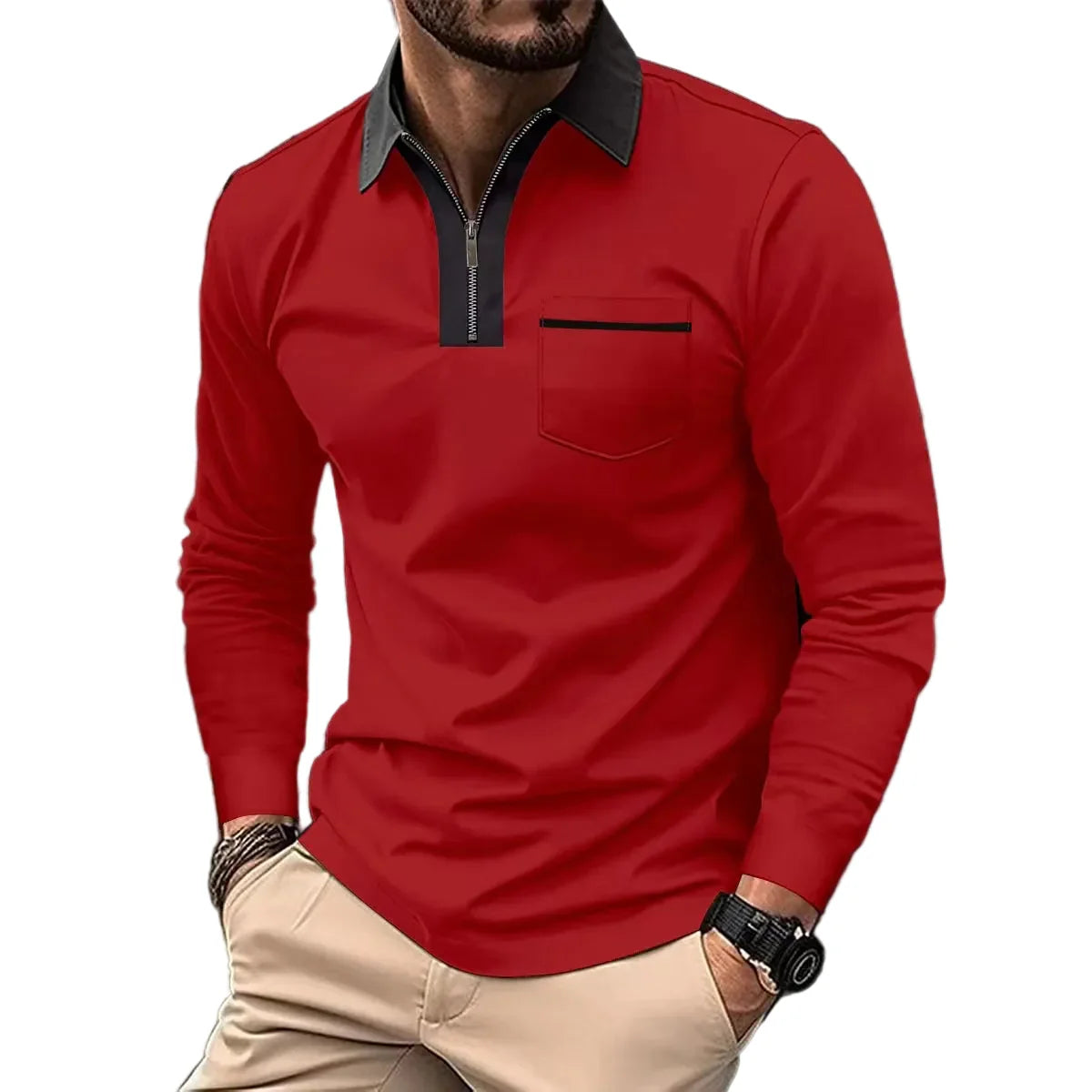 Herren Langarm-Polo mit Reißverschlusskragen – Smart-Casual